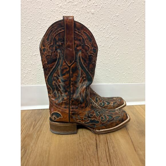 CORRAL WOMEN'S SQUARE TOE INLAY WESTERN BOOTS Brown Green Size 6.5 - Picture 2 of 10